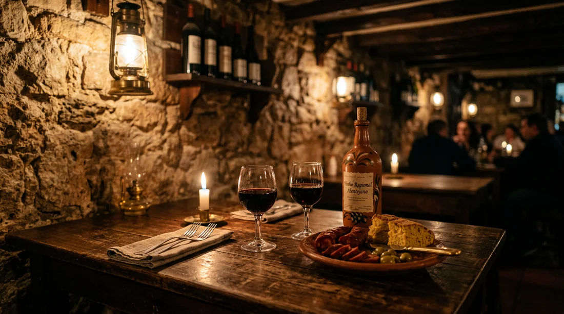 Table rustique dressée dans une taverne traditionnelle de Lisbonne