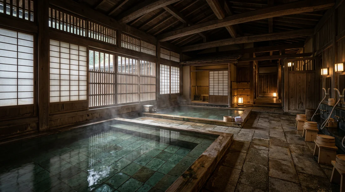 Interieur vapeur et bassins traditionnels du Funaoka Onsen