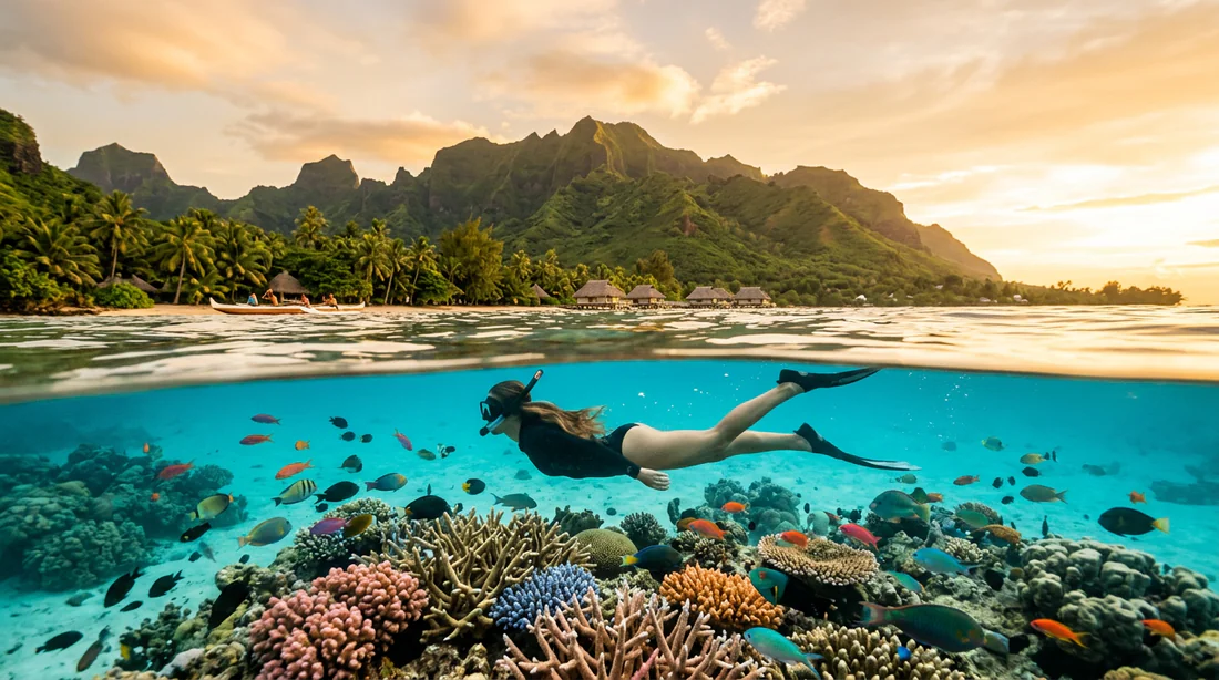 Un voyageur en snorkeling découvrant les fonds marins du jardin de corail du motu ahi