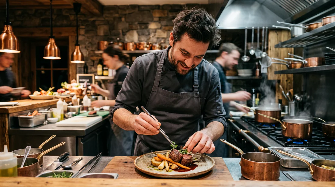 Chef cuisinier préparant un plat de bœuf traditionnel en cuisine