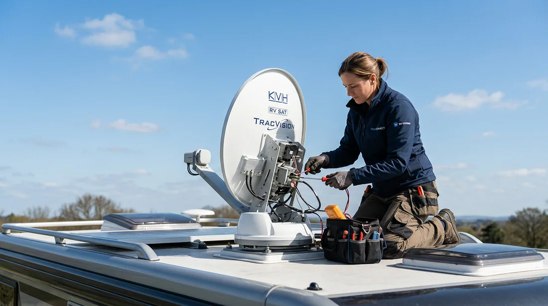 Expert technique inspectant l'antenne satellite sur le toit d'un camping-car
