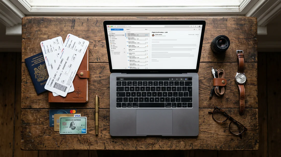 Vue aérienne d'un bureau de voyage avec passeport et ordinateur portable prêt pour la vérification.