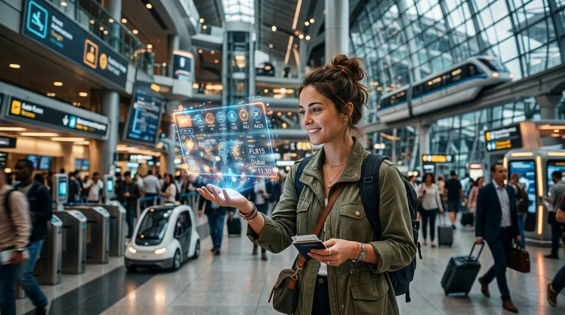 Voyageur utilisant un outil numérique futuriste pour organiser son itinéraire