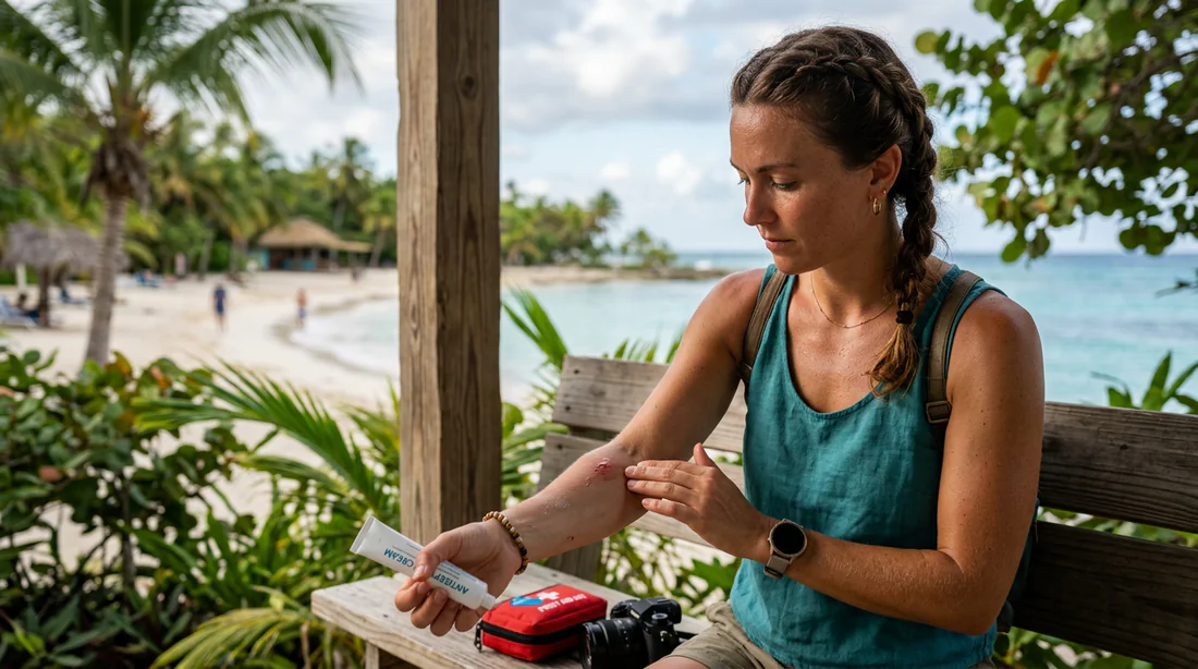 Voyageur appliquant un soin de premiers secours en plein air sous les tropics