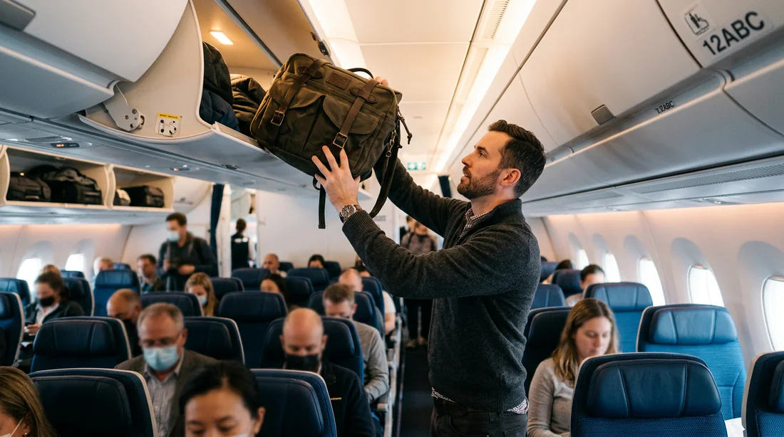 Rangement d'un sac à dos dans le compartiment cabine